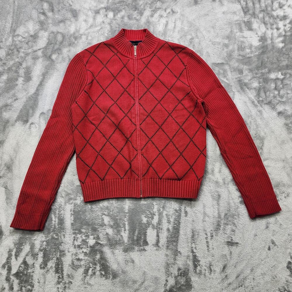 Vintage Charter Club Sweater Womens P/M Red Black Argyle Knit Full Zip Cardigan